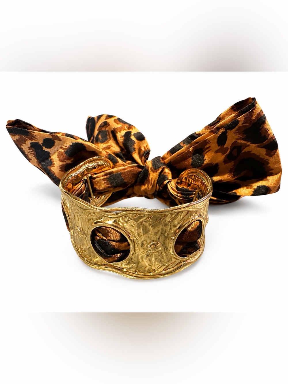 Gold Statement Cuff Bracelet with Leopard Satin Scarf
